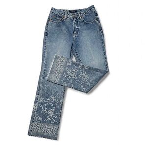 Women's Blue printed floral design with beaded hem flare Jeans